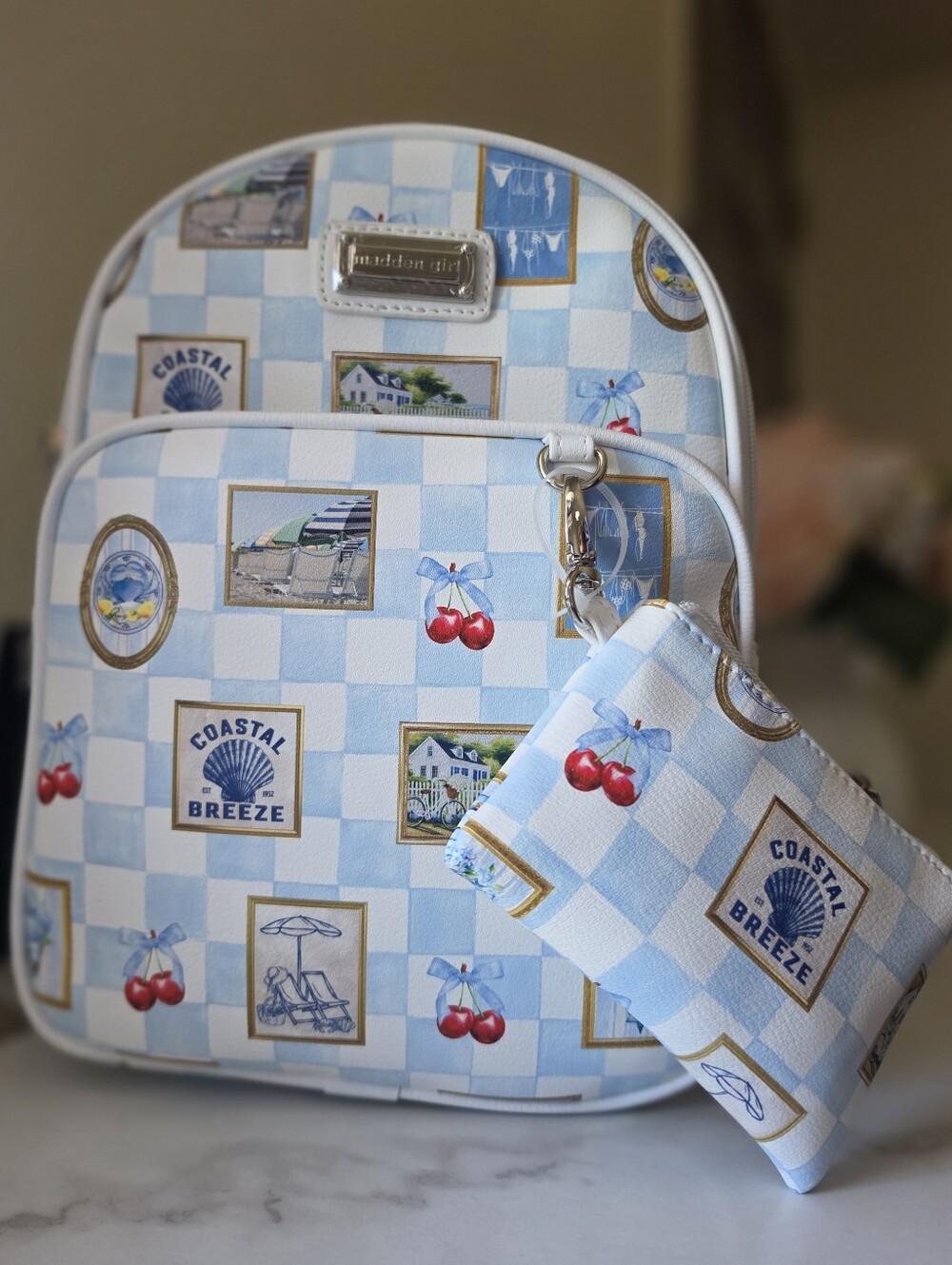 Madden Girl Coastal Breeze Mini Backpack & Coin Pouch Set Blue Gingham - NWT